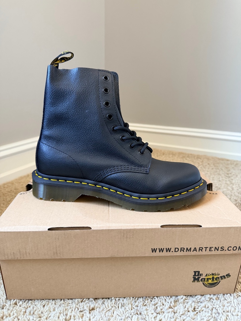 Dr. Martens Black Leather Boot with Yellow Welt Stitching